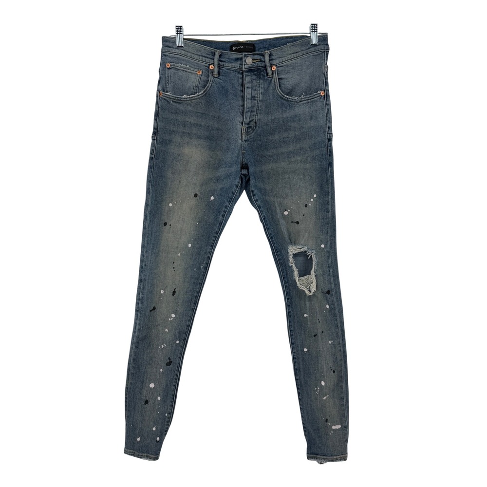 Purple Brand P002 Men's 32 Paint Splatter Distressed Slim Jeans Indigo